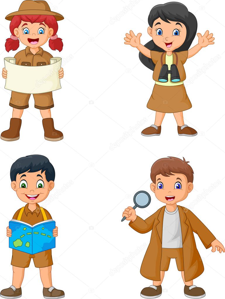 Group of cartoon happy kids wearing explorer costumes