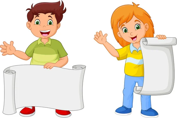 Cartoon Happy Kids Holding Blank Paper — Stock Vector