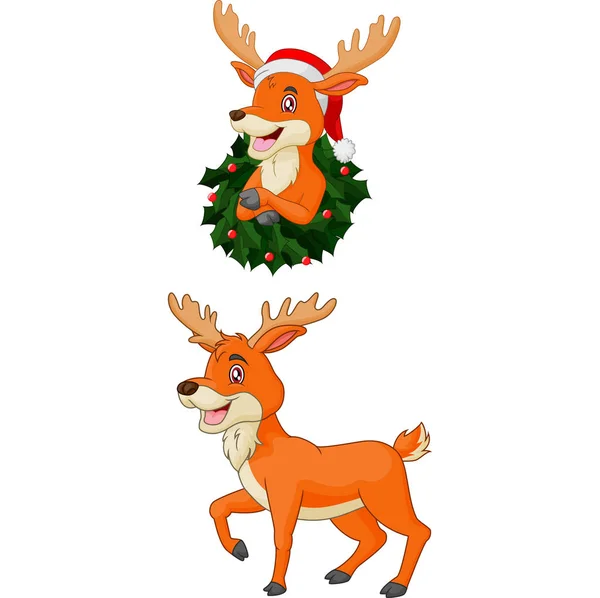 Kreslené Vánoční Jelen Nosí Santa Klobouk — Stockový vektor