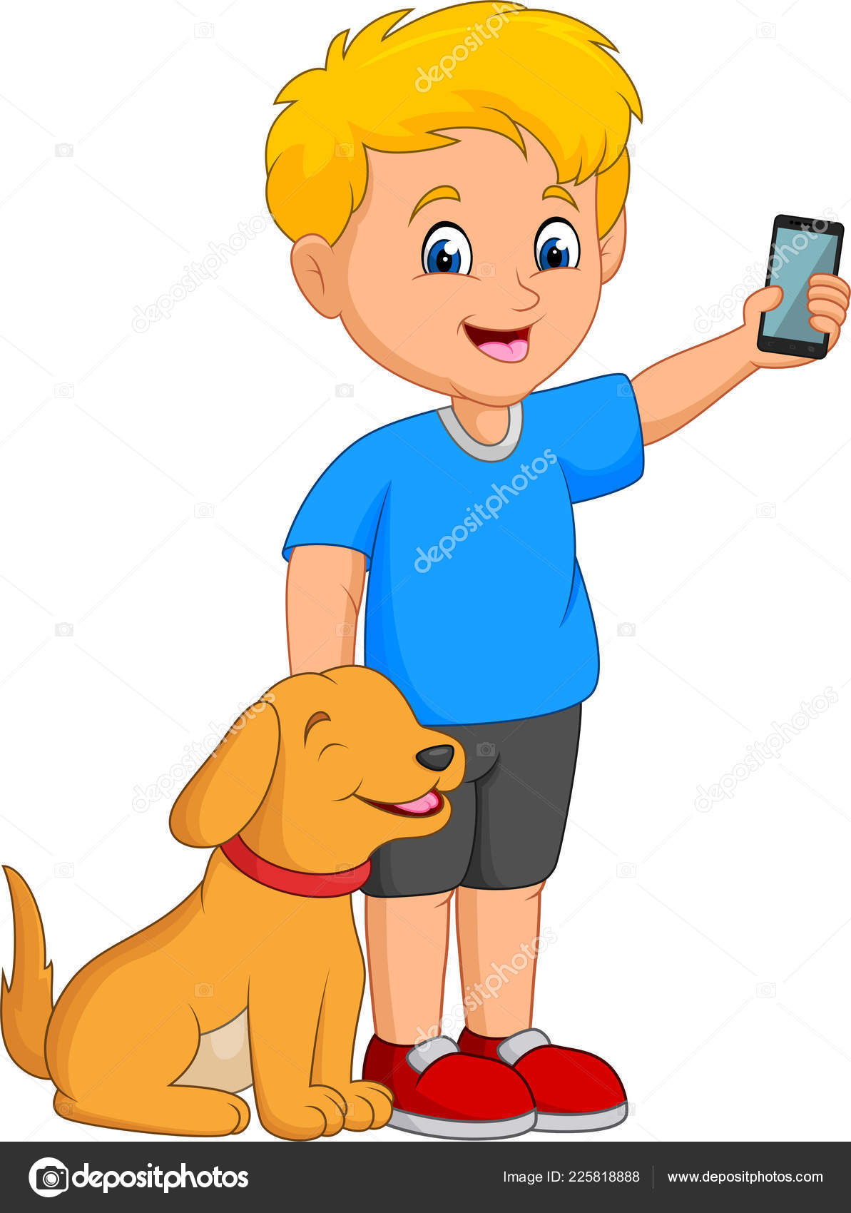 Petit Garçon Tenant Téléphone Mobile Avec Son Chien Dessin