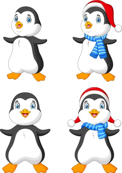 Coleção Pinguins Natal Dos Desenhos Animados — Vetor de Stock