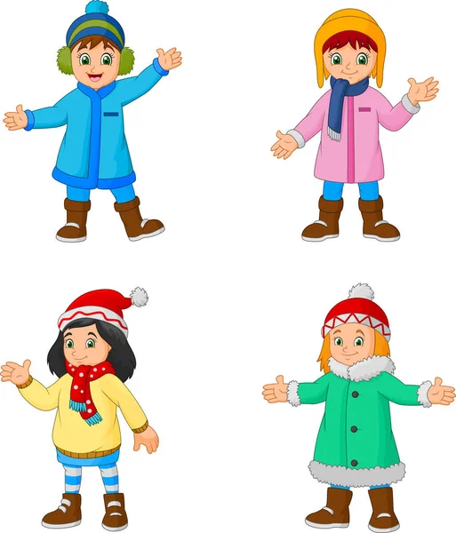 Cartoon Little Girls Wearing Winter Clothes — Stock Vector