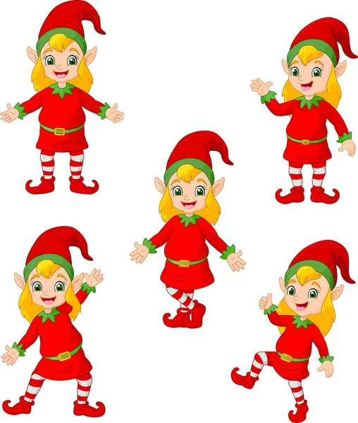 Cartoon Christmas Elves Verschillende Poses Acties — Stockvector