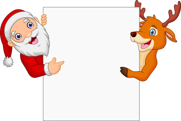 Cartoon Santa Claus Reindeer Pointing Blank Sign — Stock Vector