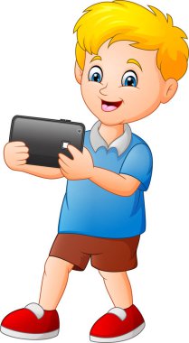 Bir tablet oynarken küçük çocuk çizgi film