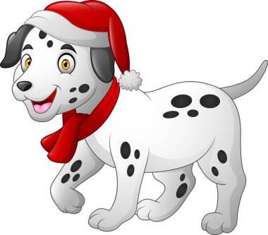 Bir kırmızı santa şapka ve atkı Dalmaçya karikatür köpek