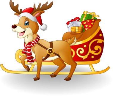 Karikatür Ren geyiği ile Noel kızak kızağı ve hediyeler