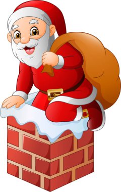 Noel Baba hediye çanta ile evin çatı baca üzerinde