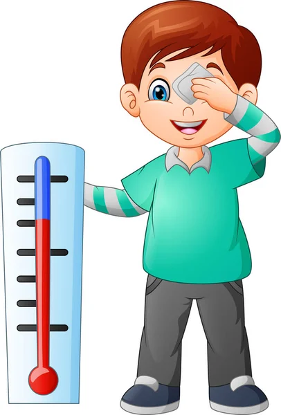 Cartoon Little Boy Thermometer — Stock Vector
