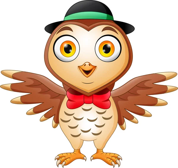 Cute Owl Cartoon Wearing Hat Red Bow — Stock Vector