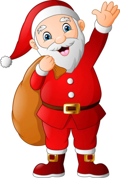 Cartoon Santa Claus Uitvoering Zak Vol Cadeaus — Stockvector