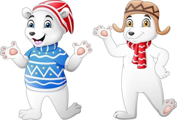Two Cute Polar Bear Cartoon Winter Clothes — Stock Vector