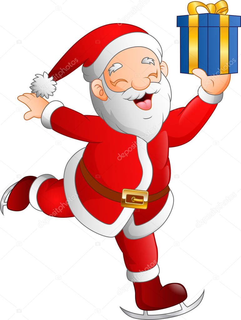 Santa claus skier holding a gift box