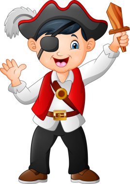 Ahşap bir kılıç tutan karikatür korsan çocuk