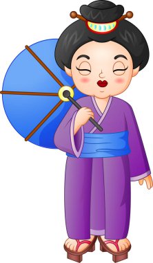 Bir şemsiye tutan geleneksel kimono giyen Japon kadın