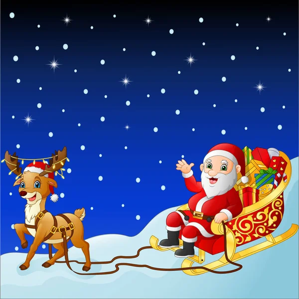 Cartoon Santa Claus Sleigh Pulled Reindeer — Stock Vector