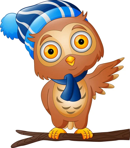 Cute Cartoon Owl Hat Scarf Tree Branch — Stock Vector