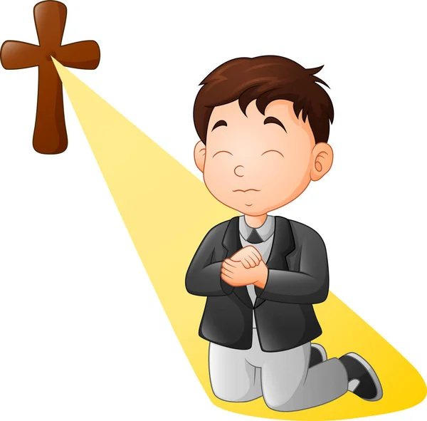 Cartoon Little Boy Kneeling While Praying — Stock Vector