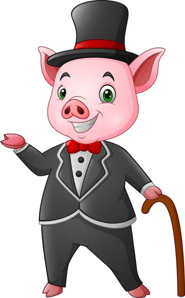 Cartoon Glückliches Schwein Schwarzen Smoking Mit Spazierstock — Stockvektor