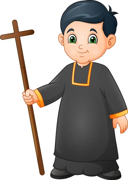 动画片小男孩祭坛服务器在制服拿着十字架 — 图库矢量图片