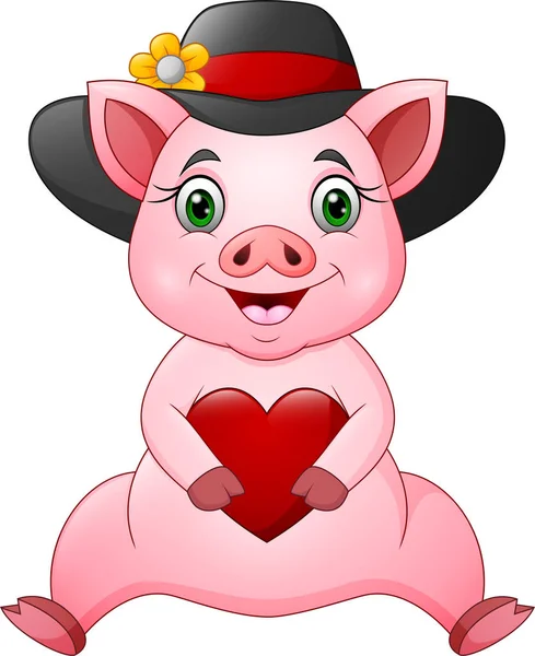 Cute Pig Cartoon Hat Holding Heart — Stock Vector