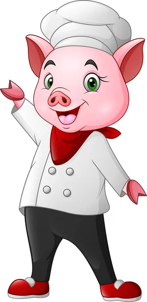 Niedliche Koch Schwein Karikatur Winkt — Stockvektor