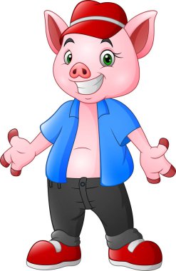 Karikatür bir mavi giyen domuz giysi ve kırmızı şapka