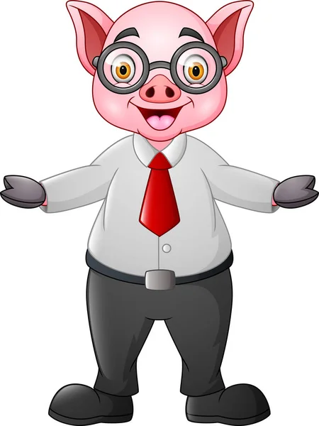 Dibujos Animados Cerdo Empresario Saludando Mano — Vector de stock