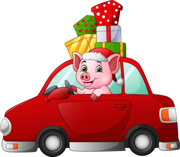 Cartoon pig driving a car carrying a presents