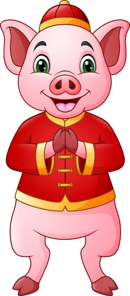 Cerdo Dibujos Animados Con Tradicional Saludo Traje Chino Gong Gong — Vector de stock