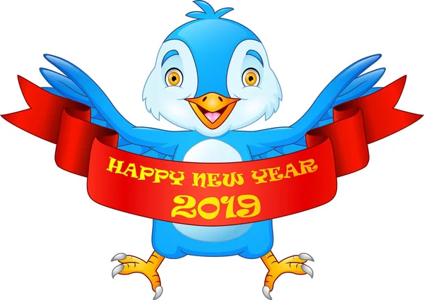 Feliz Año Nuevo 2019 Tarjeta Felicitación Con Dibujos Animados Pájaro — Vector de stock