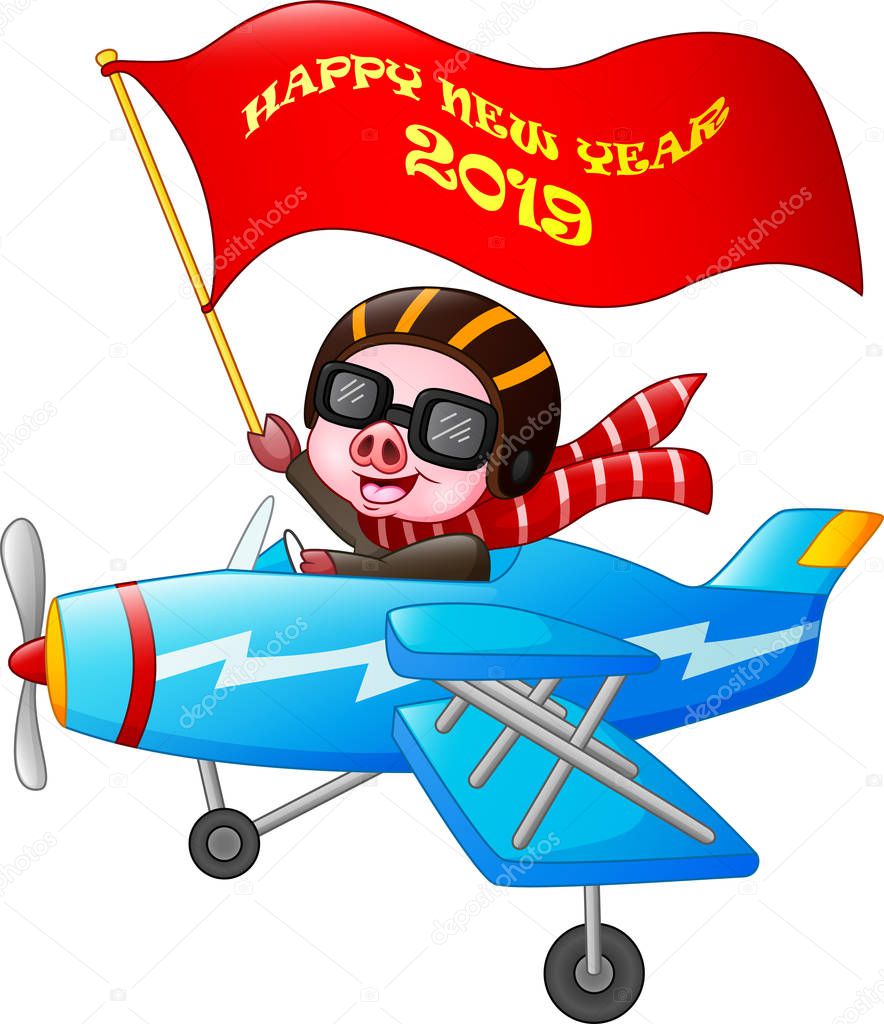 Cute Pig cartoon riding on a plane with a banner of Happy New Year