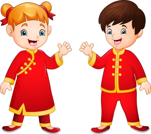 Desenhos Animados Crianças Com Traje Tradicional Chinês —  Vetores de Stock