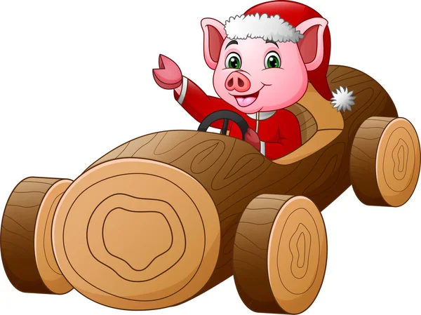 Cochon Bande Dessinée Costume Rouge Santa Conduisant Une Voiture Bois — Image vectorielle