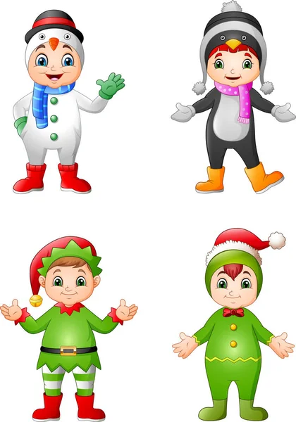 Cartoon Kinderen Dragen Van Kerstmis Kostuum — Stockvector