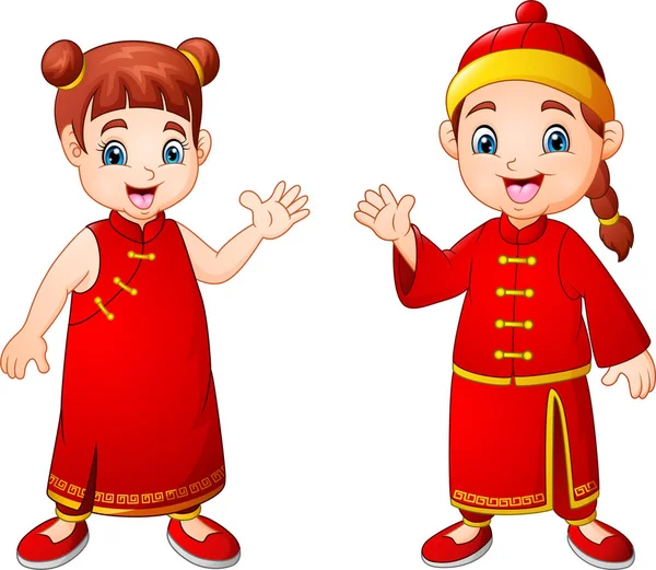 Cartone Animato Carino Ragazzo Ragazza Costume Cinese — Vettoriale Stock