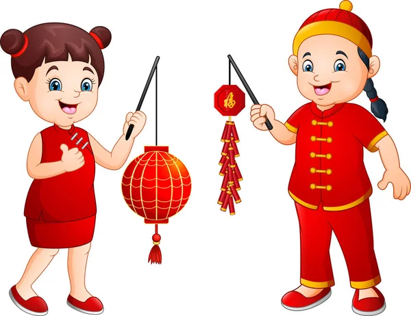 Cartoon Chinese Kids Holding Lanterns Firecrackers — Stock Vector