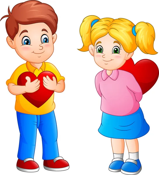 Mignon Couple Dessin Animé Avec Des Cœurs Rouges — Image vectorielle