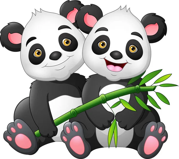 Cartoon Couple Panda Green Bamboo — Stock Vector