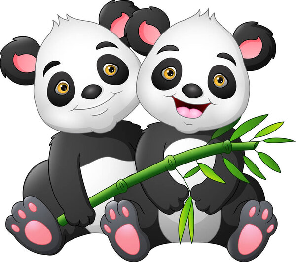 Cartoon couple panda with green bamboo