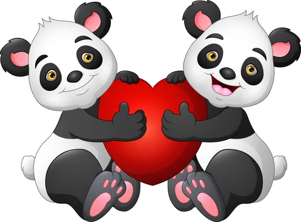 Pareja Dibujos Animados Panda Con Corazón Rojo — Archivo Imágenes Vectoriales