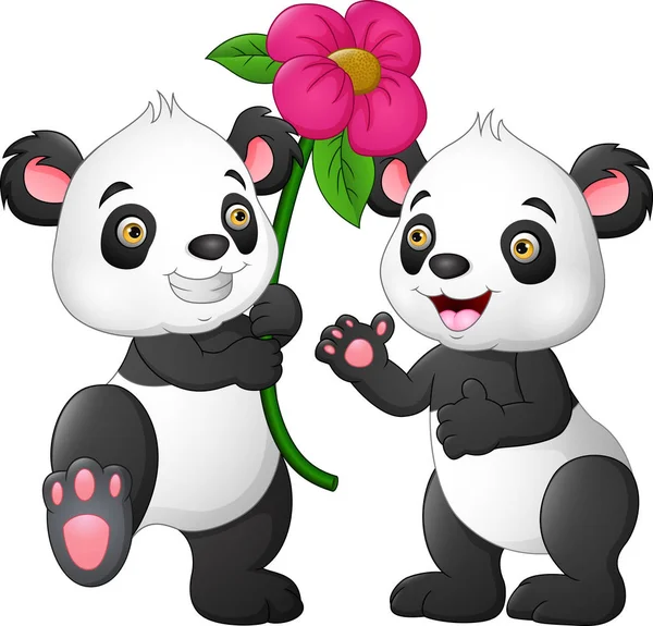 Cartoon Paar Panda Met Een Bloemen — Stockvector