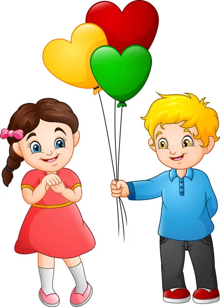 Niedlicher Kleiner Junge Gibt Dem Mädchen Einen Luftballon — Stockvektor