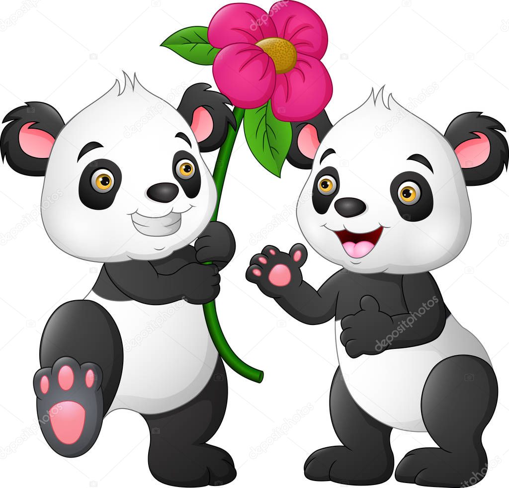 Cartoon couple panda with a flowers