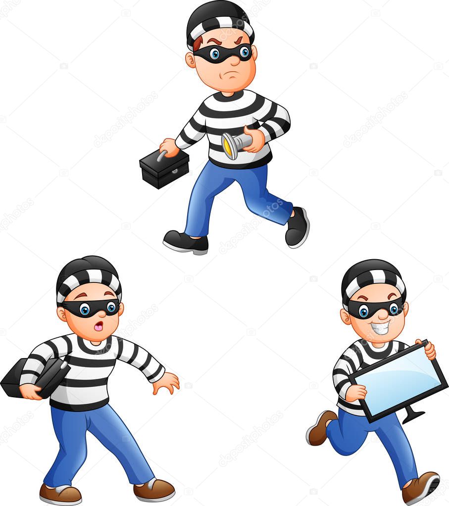 Cartoon thief in a collection of different actions
