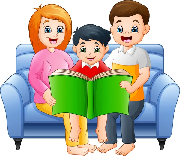 Gelukkige Familie Cartoon Lezen Van Een Boek — Stockvector