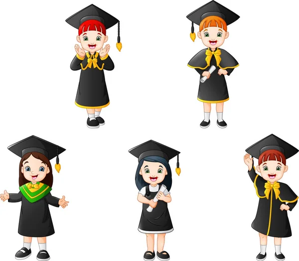 Niño Dibujos Animados Trajes Graduación Con Diferentes Poses — Vector de stock