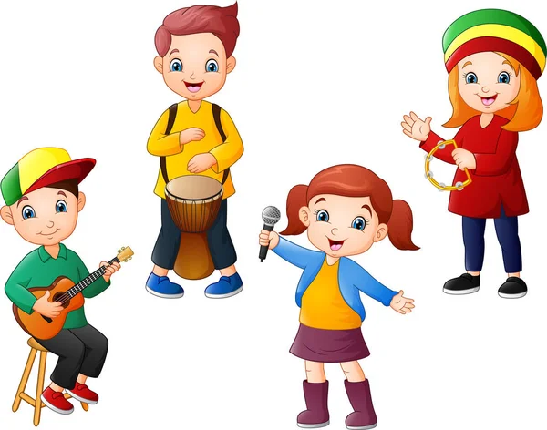 Niños Dibujos Animados Tocando Música Juntos — Vector de stock