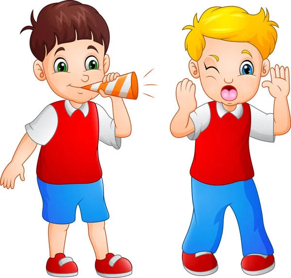 Cartoon Boy Blowing Little Boy Trumpet — Stock Vector