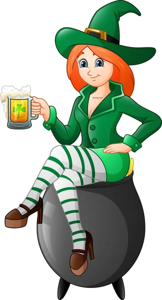 Cartoon Femme Leprechaun Assis Sur Pot Avec Tenant Une Tasse — Image vectorielle